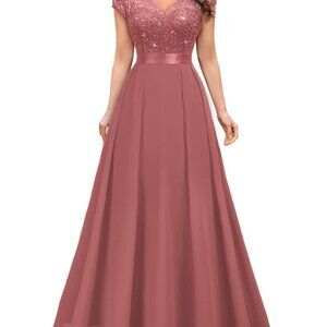 V-Neck Cap Sleeve Sequined Floral Lace Formal Maxi Dress